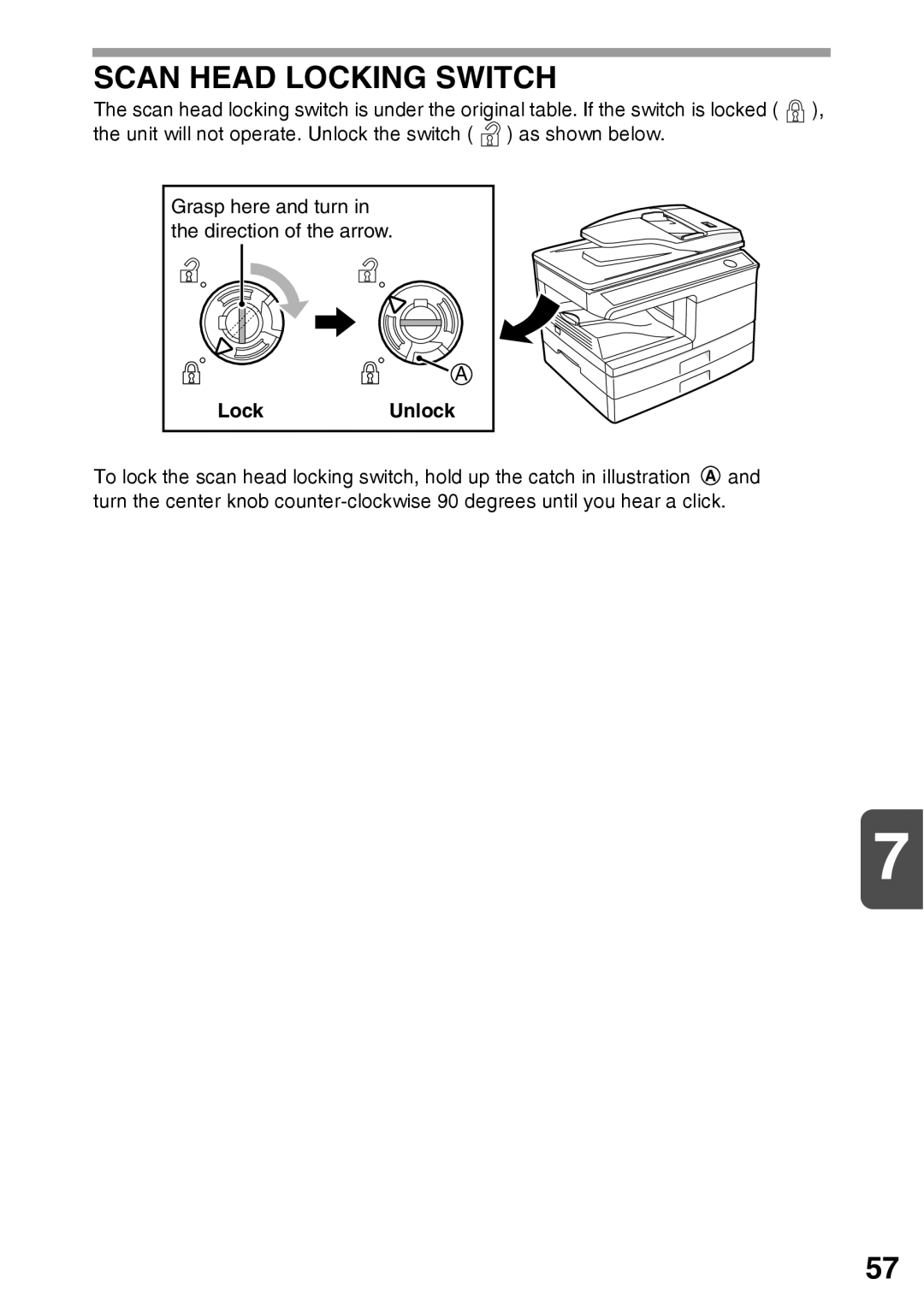 Sharp AR-203E manual Scan Head Locking Switch, LockUnlock 