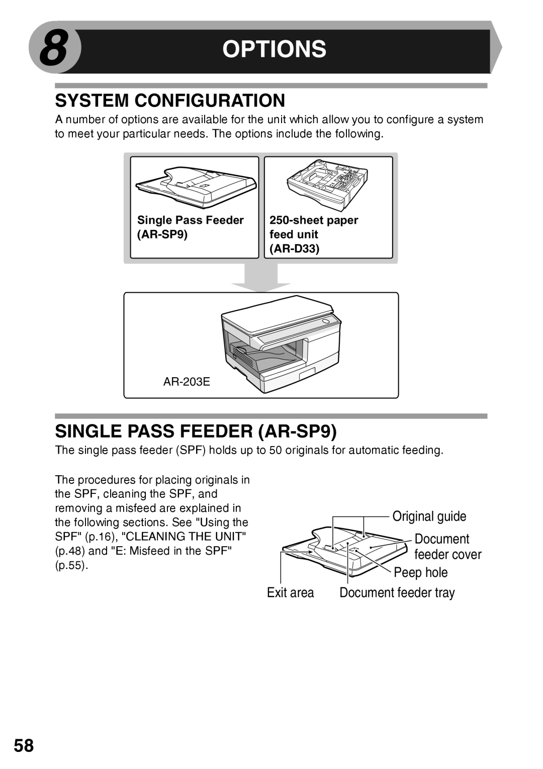 Sharp AR-203E manual System Configuration, Single Pass Feeder AR-SP9, AR-SP9 Feed unit AR-D33 