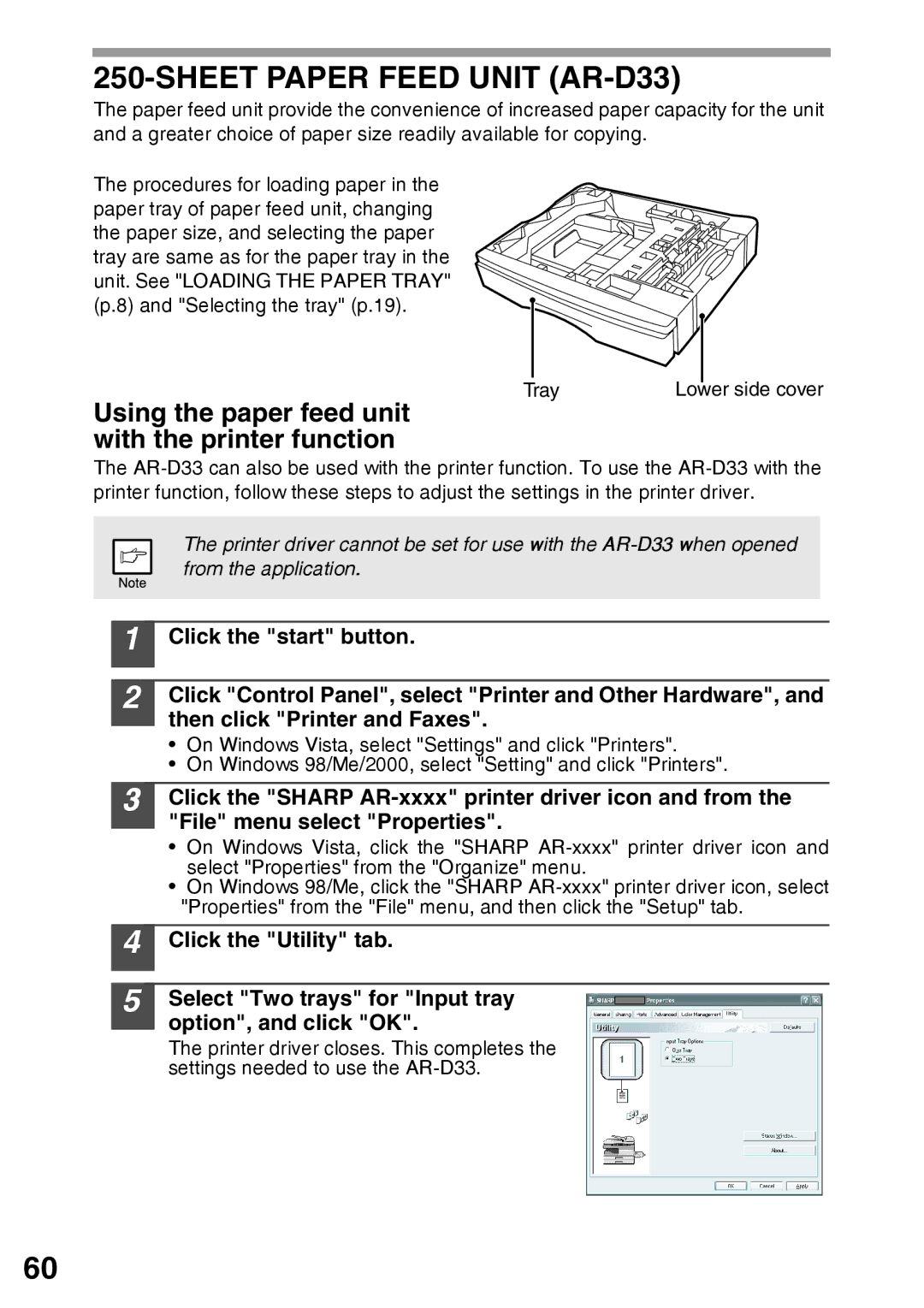 Sharp AR-203E manual Sheet Paper Feed Unit AR-D33, Using the paper feed unit with the printer function 