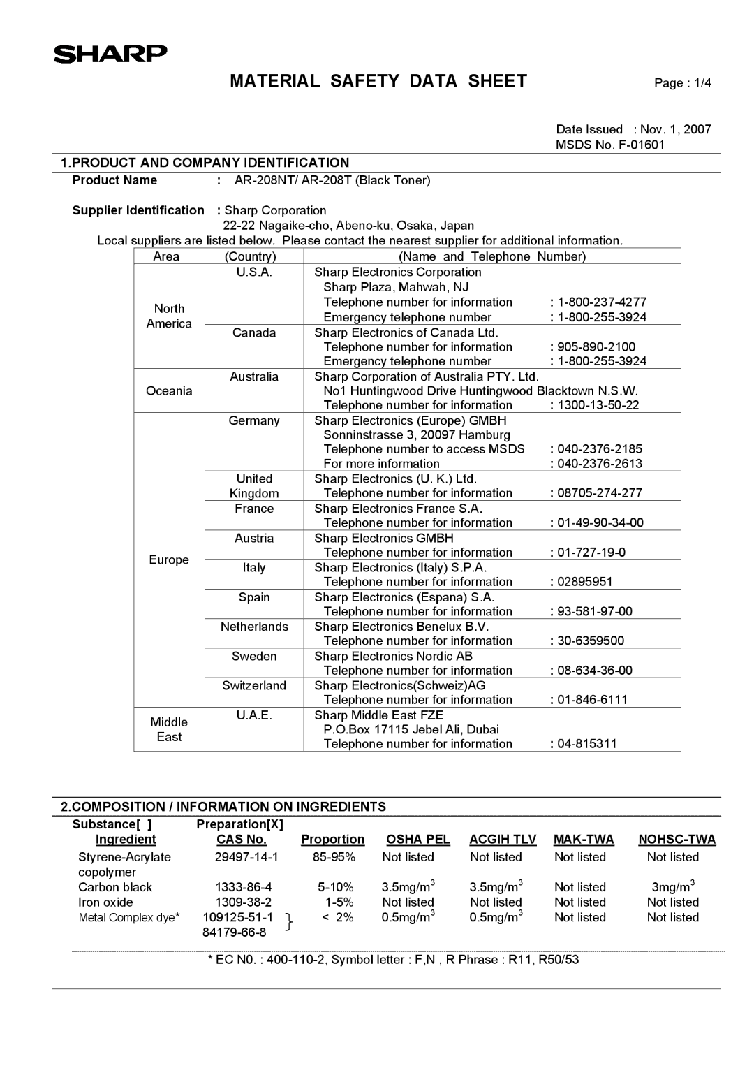 Sharp AR-203E manual Material Safety Data Sheet 