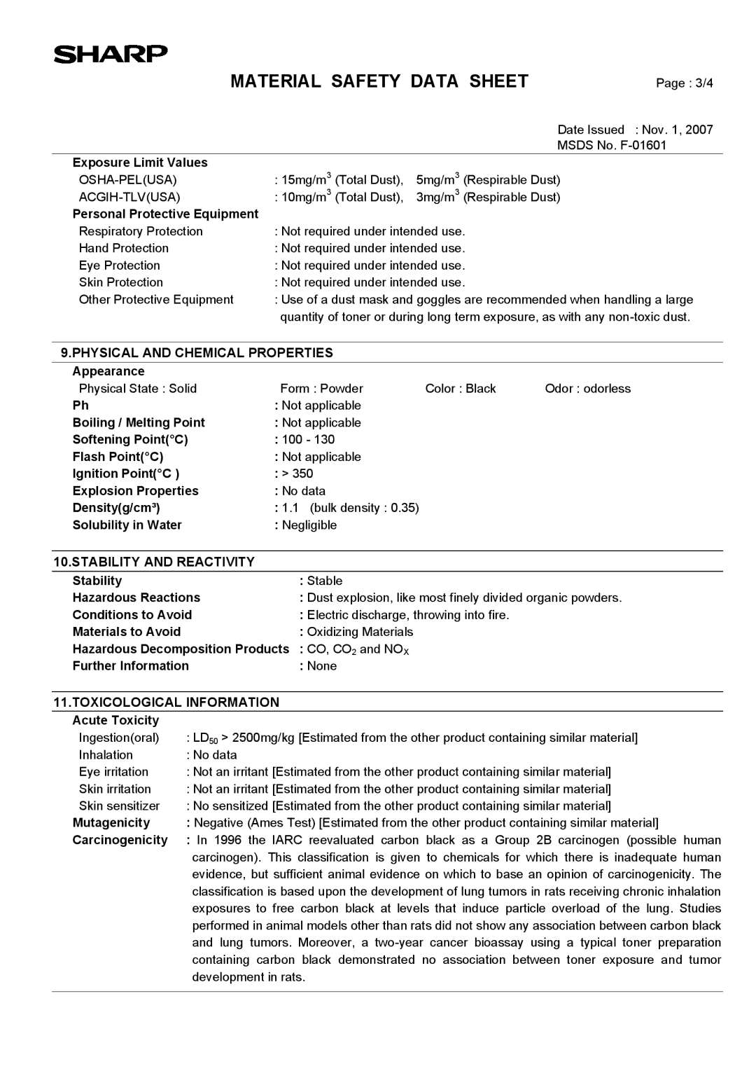 Sharp AR-203E manual Physical and Chemical Properties 