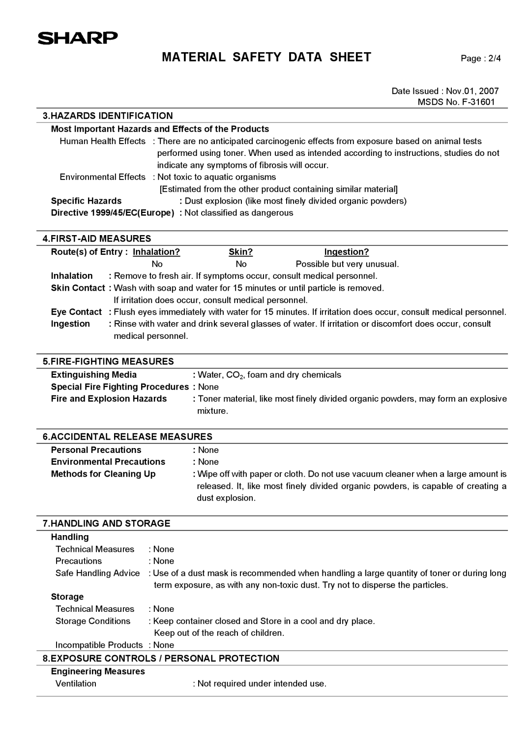 Sharp AR-203E manual Hazards Identification 