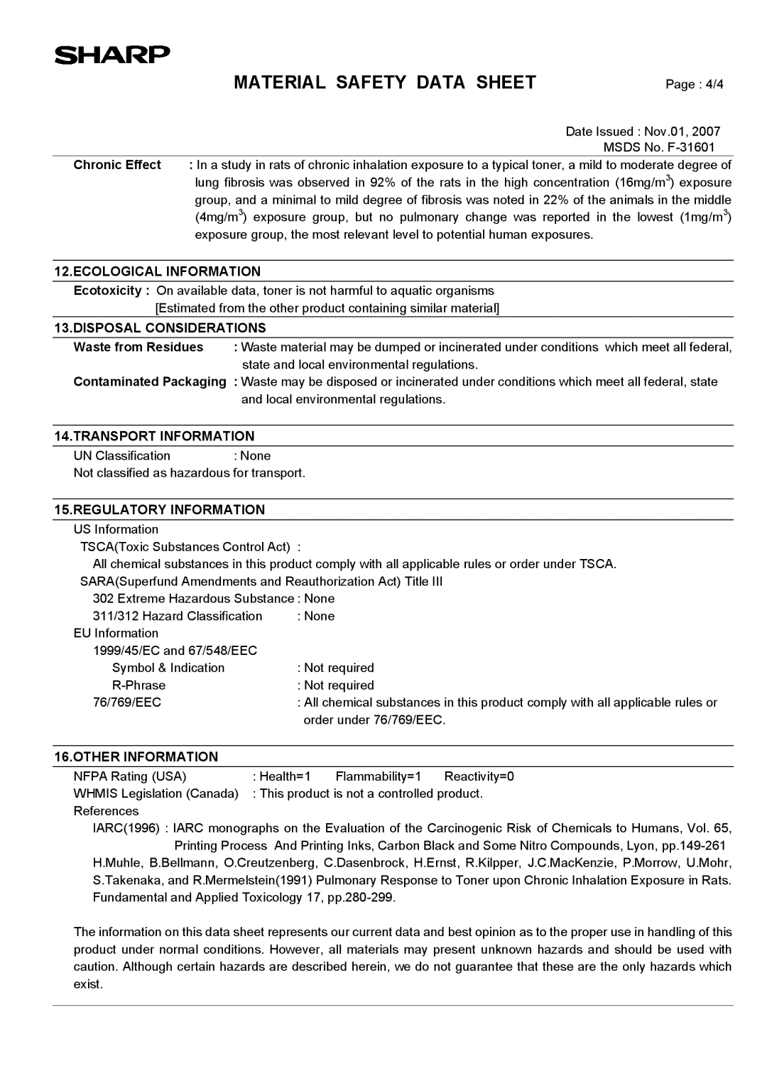 Sharp AR-203E manual Ecological Information 