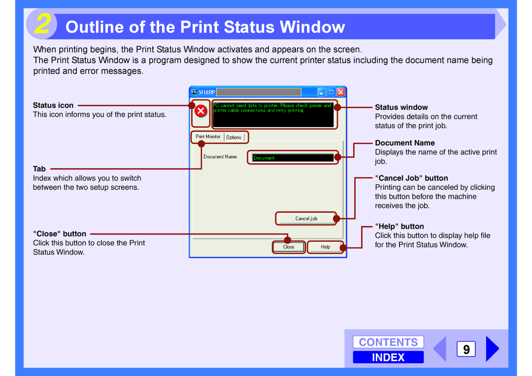 Sharp AR-203E manual Outline of the Print Status Window, Contents 9 Index 