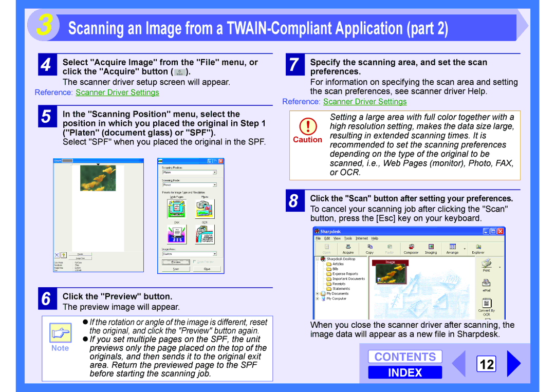 Sharp AR-203E manual Select Acquire Image from the File menu, or, Click the Acquire button, Scanning Position menu, select 