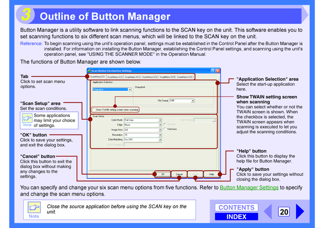 Sharp AR-203E manual Outline of Button Manager, Contents 20 Index 