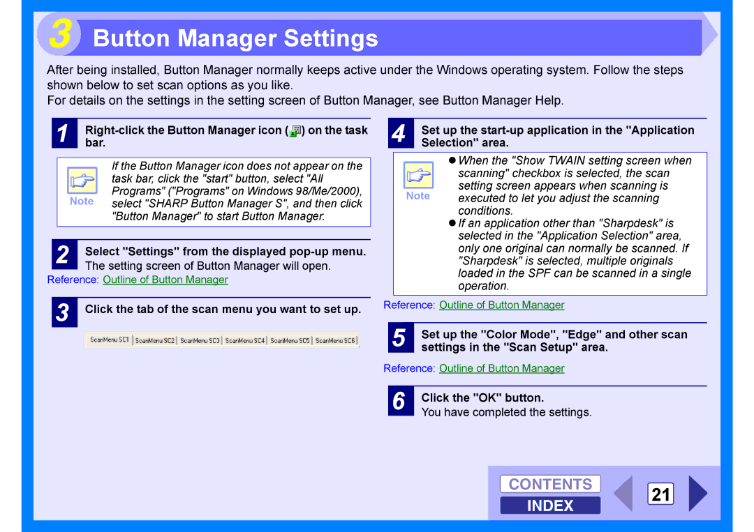 Sharp AR-203E manual Button Manager Settings, Contents 21 Index 