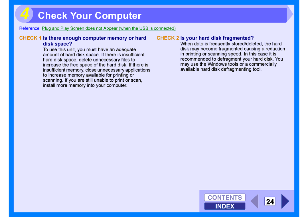 Sharp AR-203E manual Check Your Computer, Contents 24 Index, Check 1 Is there enough computer memory or hard disk space? 