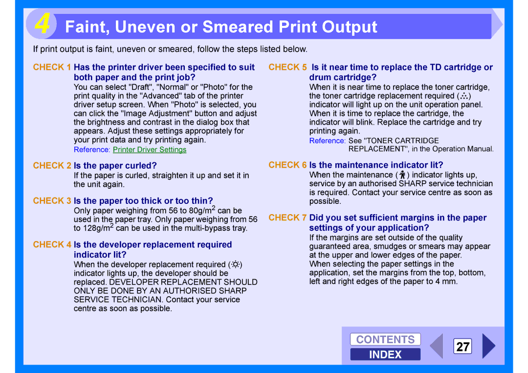 Sharp AR-203E manual Faint, Uneven or Smeared Print Output, Contents 27 Index 