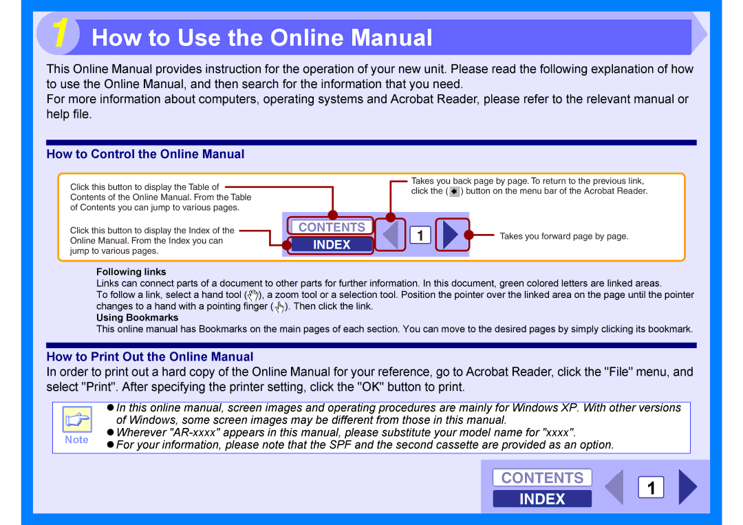 Sharp AR-203E How to Use the Online Manual, Contents, How to Control the Online Manual, How to Print Out the Online Manual 