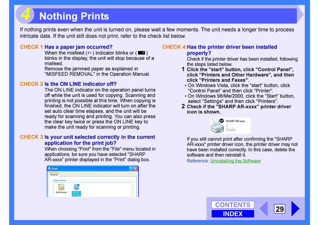 Sharp AR-203E manual Nothing Prints, Check 1 Has a paper jam occurred?, Check 2 Is the on Line indicator off? 