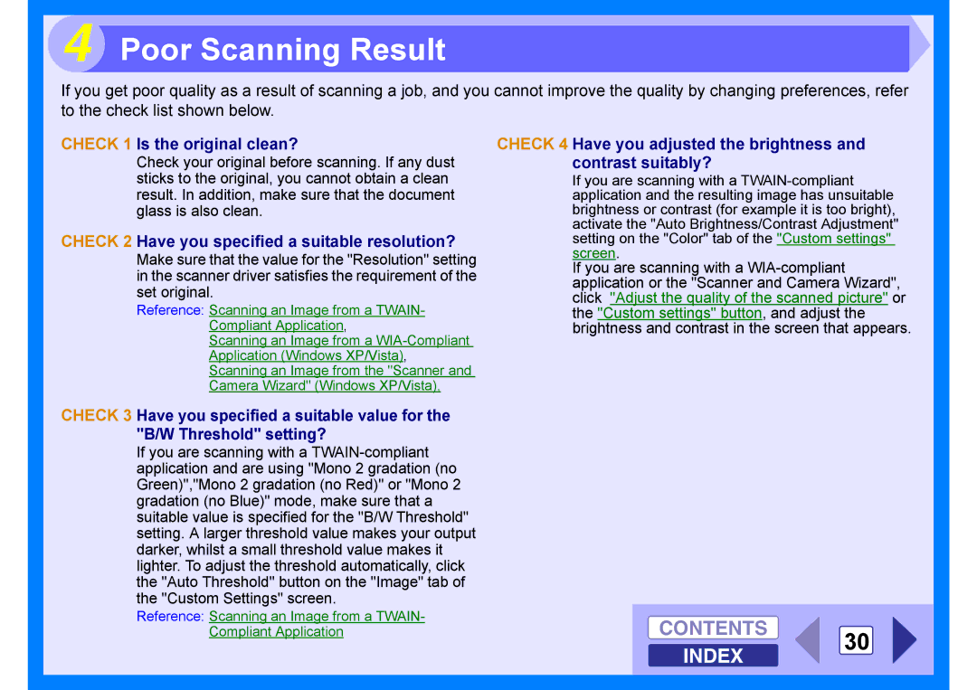 Sharp AR-203E manual Poor Scanning Result, Contents 30 Index, Check 1 Is the original clean? 