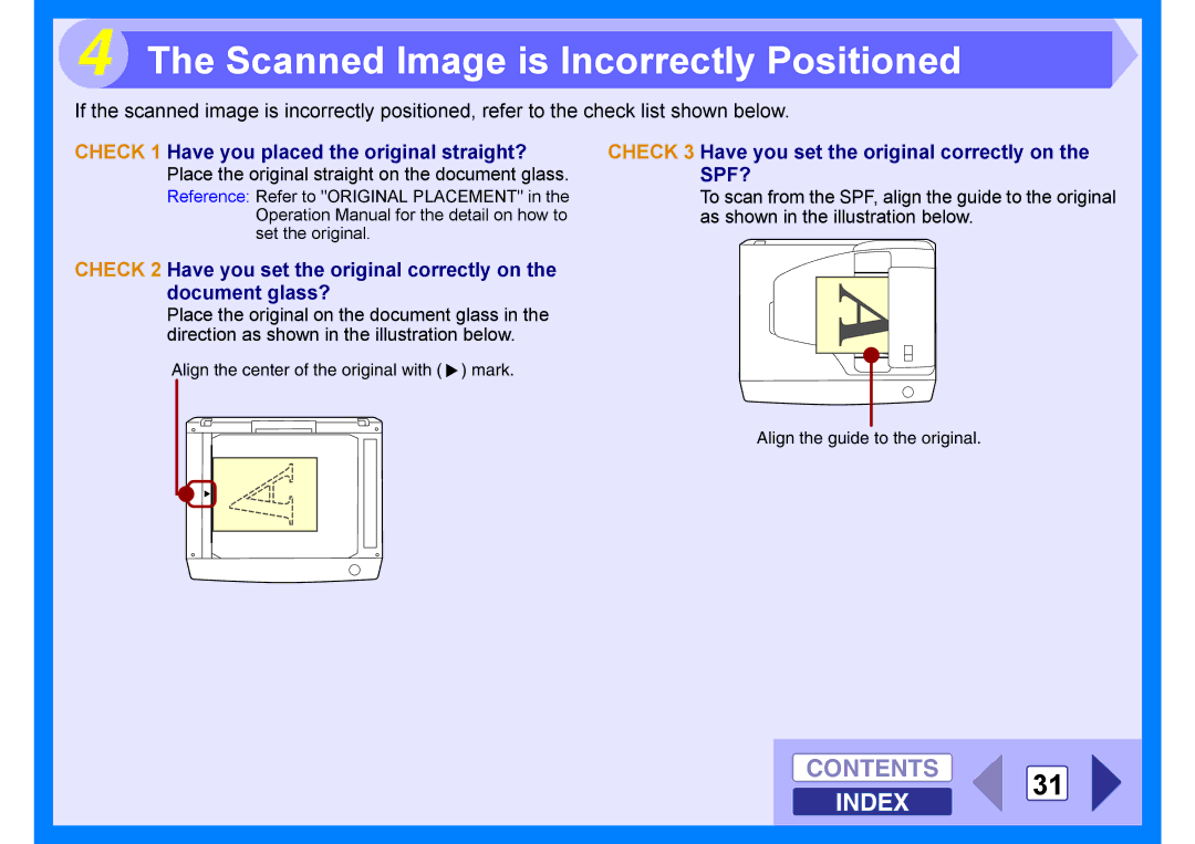 Sharp AR-203E Scanned Image is Incorrectly Positioned, Contents 31 Index, Check 1 Have you placed the original straight? 