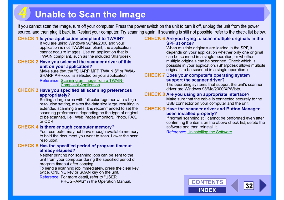 Sharp AR-203E manual Unable to Scan the Image, Contents 32 Index 