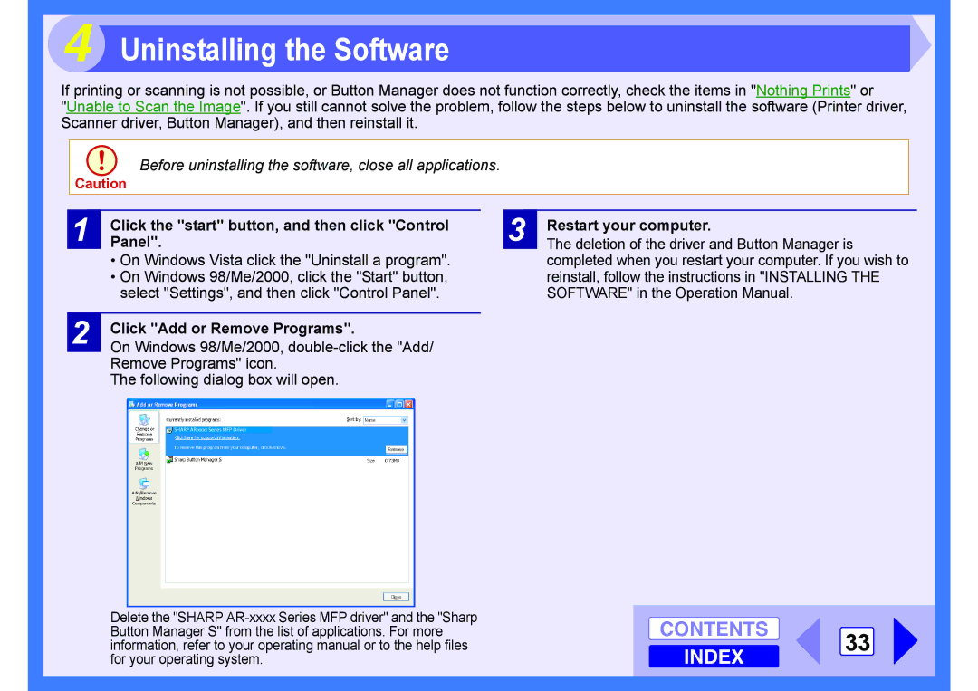 Sharp AR-203E manual Contents 33 Index, Click Add or Remove Programs, Restart your computer 