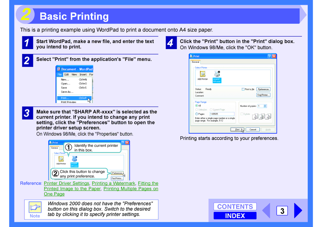 Sharp AR-203E manual Basic Printing, Contents 3 Index, Make sure that Sharp AR-xxxx is selected as 