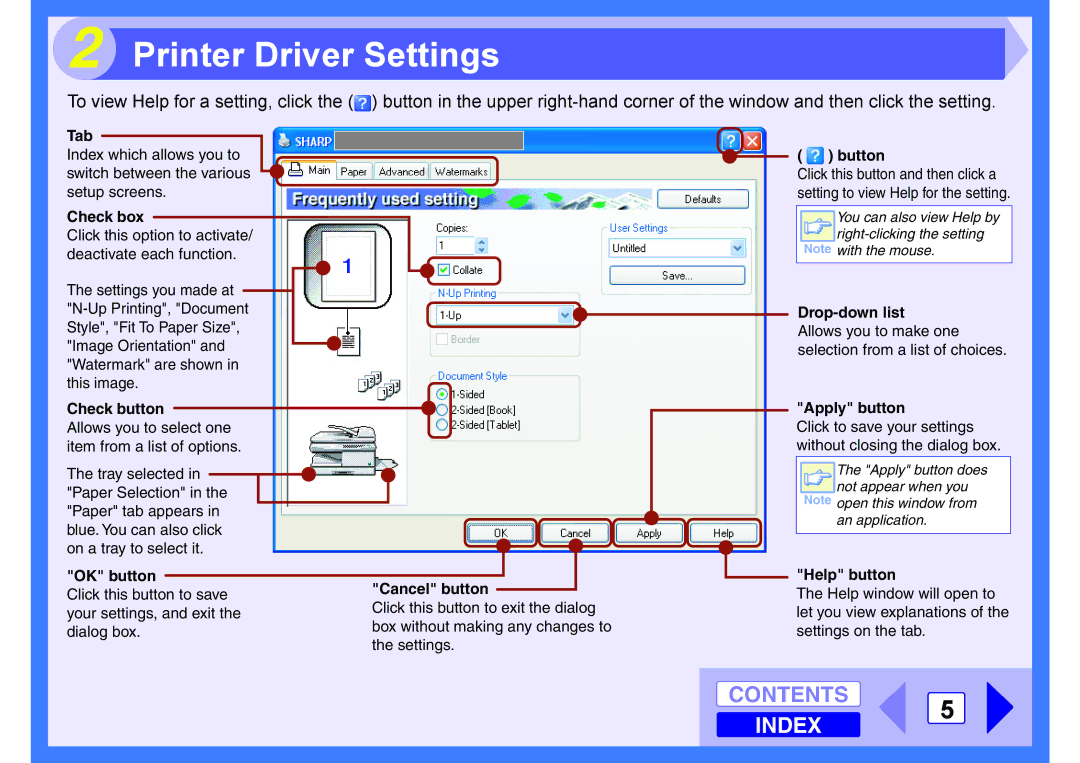 Sharp AR-203E manual Printer Driver Settings, Contents 5 Index 