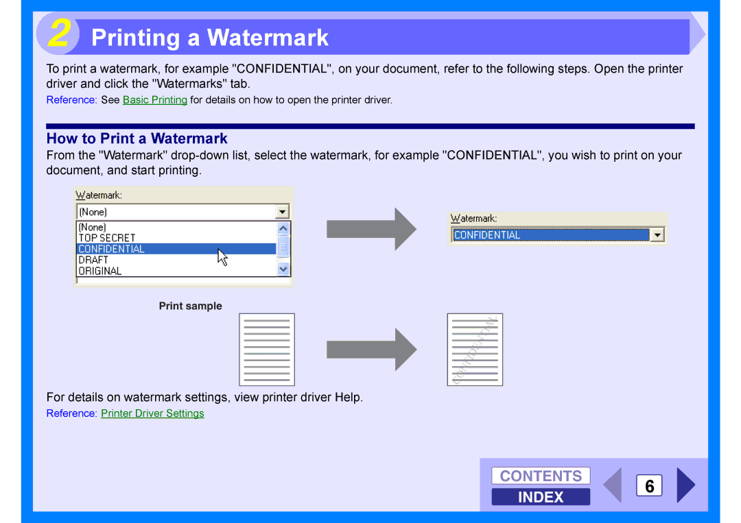 Sharp AR-203E manual Printing a Watermark, Contents 6 Index 