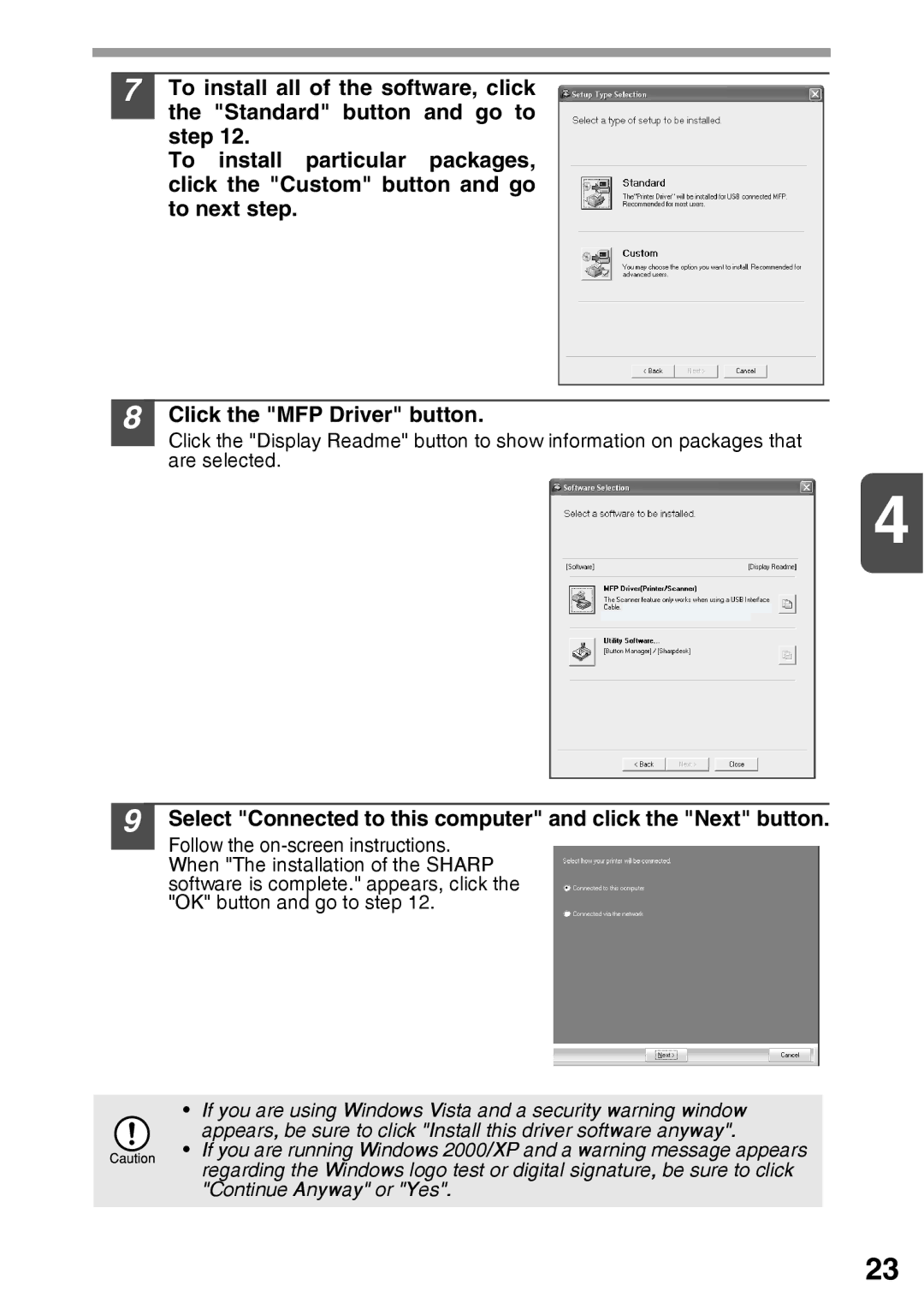 Sharp AR-203E operation manual Select Connected to this computer and click the Next button 