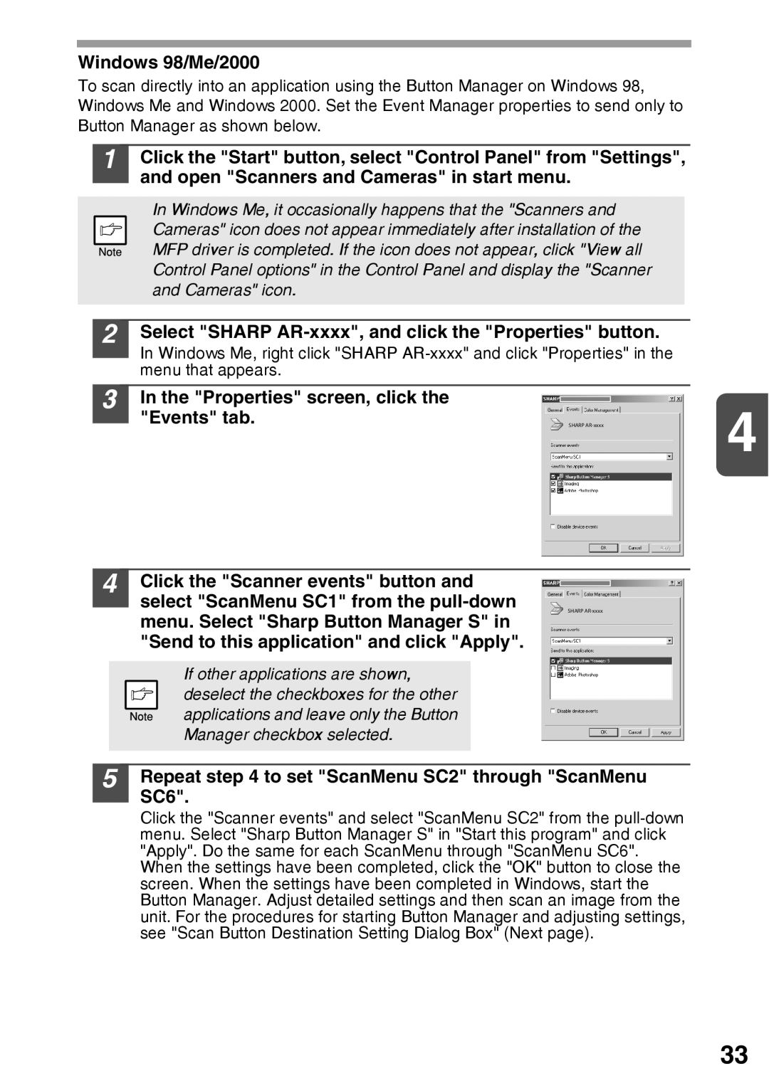 Sharp AR-203E operation manual Windows 98/Me/2000, Select Sharp AR-xxxx, and click the Properties button 