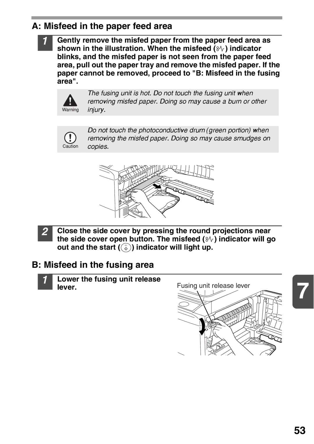 Sharp AR-203E Misfeed in the paper feed area, Misfeed in the fusing area, Lower the fusing unit release Lever 