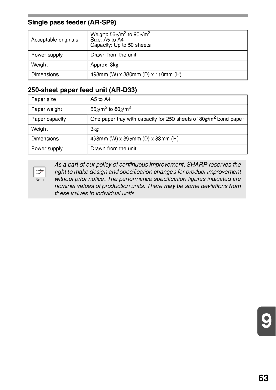 Sharp AR-203E operation manual Single pass feeder AR-SP9, Sheet paper feed unit AR-D33 