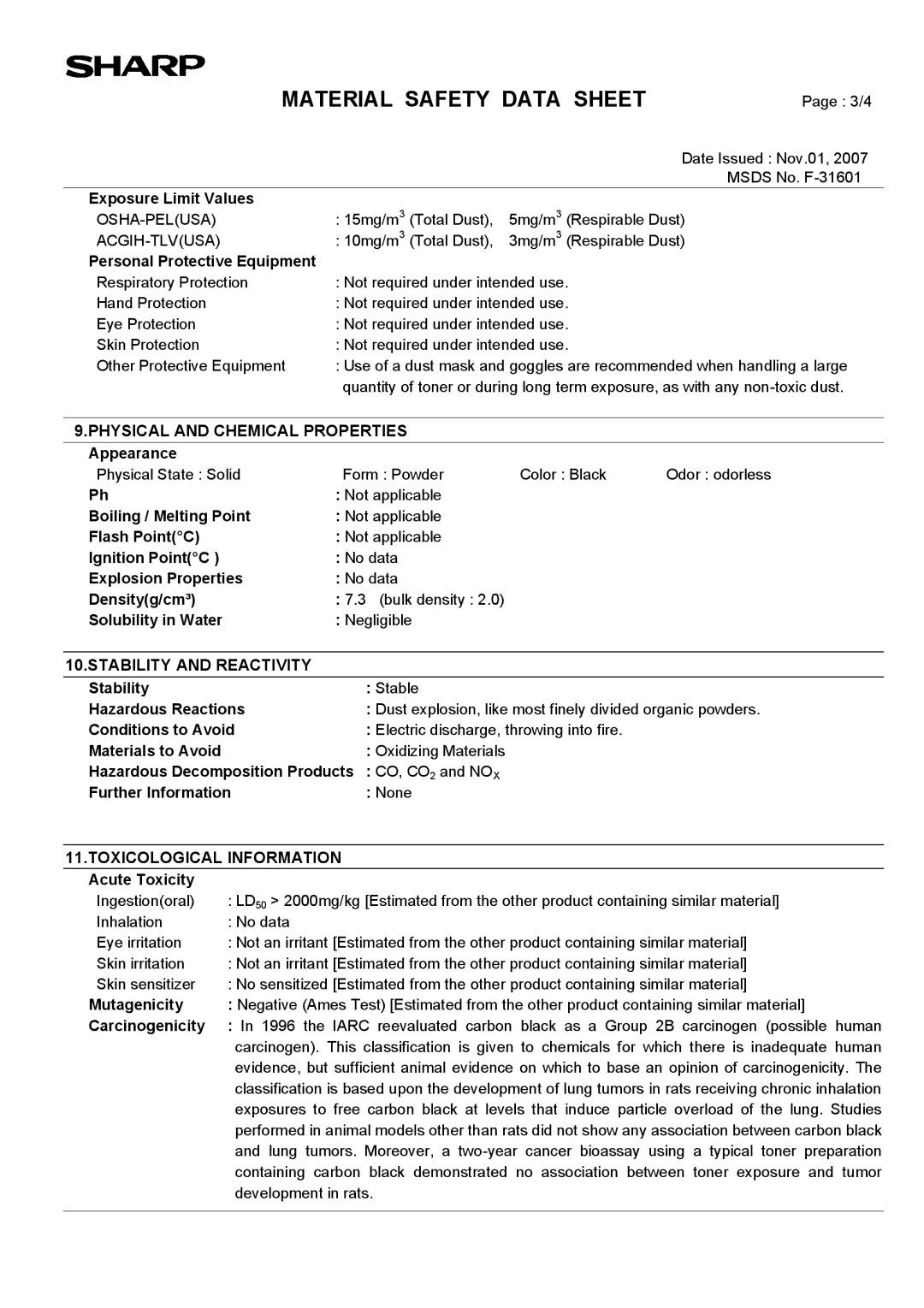 Sharp AR-203E operation manual Physical and Chemical Properties 