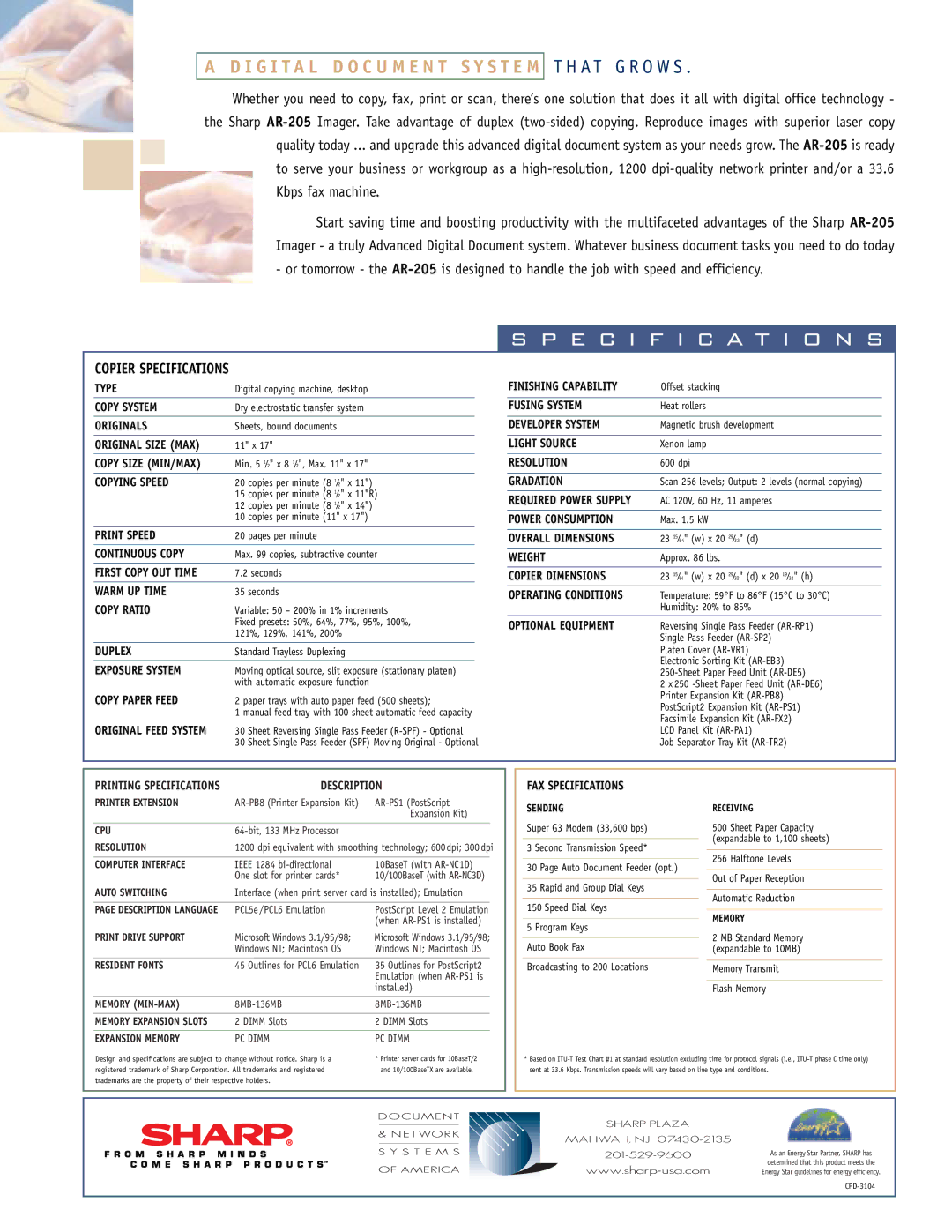 Sharp AR-205 Type, Copy System, Originals, Copying Speed, Print Speed, Continuous Copy, Warm UP Time, Copy Ratio, Duplex 