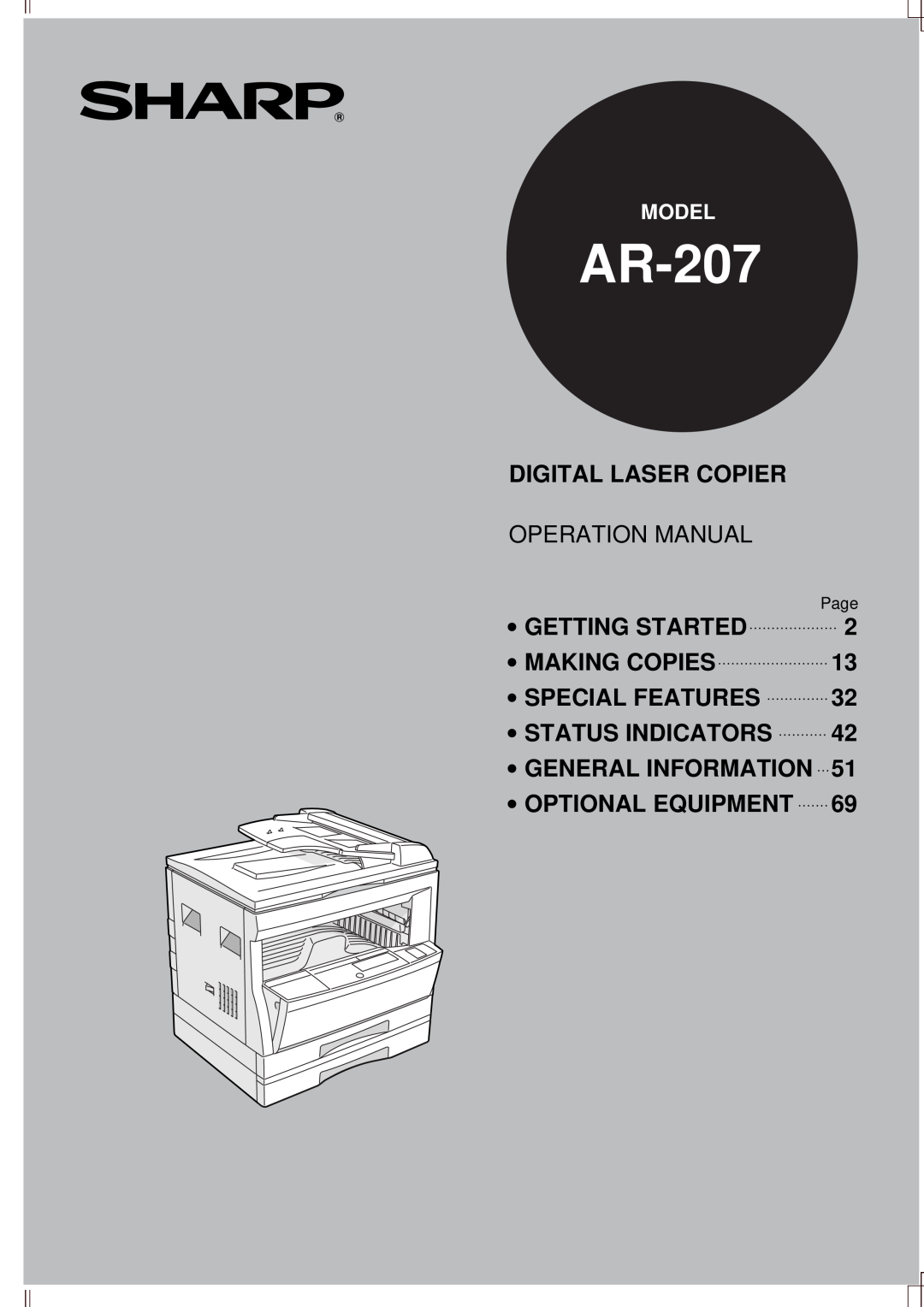 Sharp AR-207 operation manual Model, Page, Digital Laser Copier, Operation Manual, ∙ Getting Started, ∙ Making Copies 