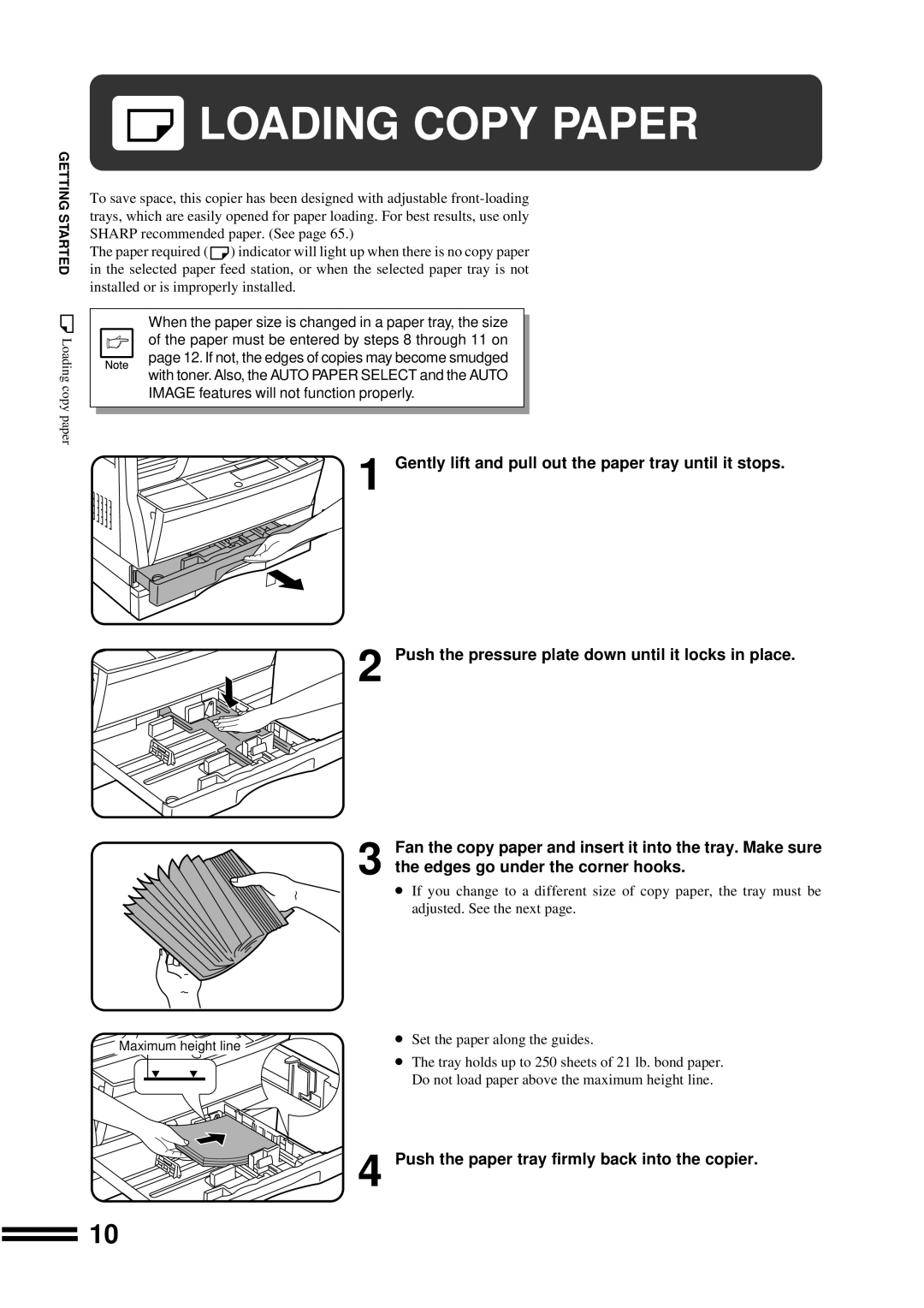 Sharp AR-207 operation manual Loading Copy Paper, Gently lift and pull out the paper tray until it stops 