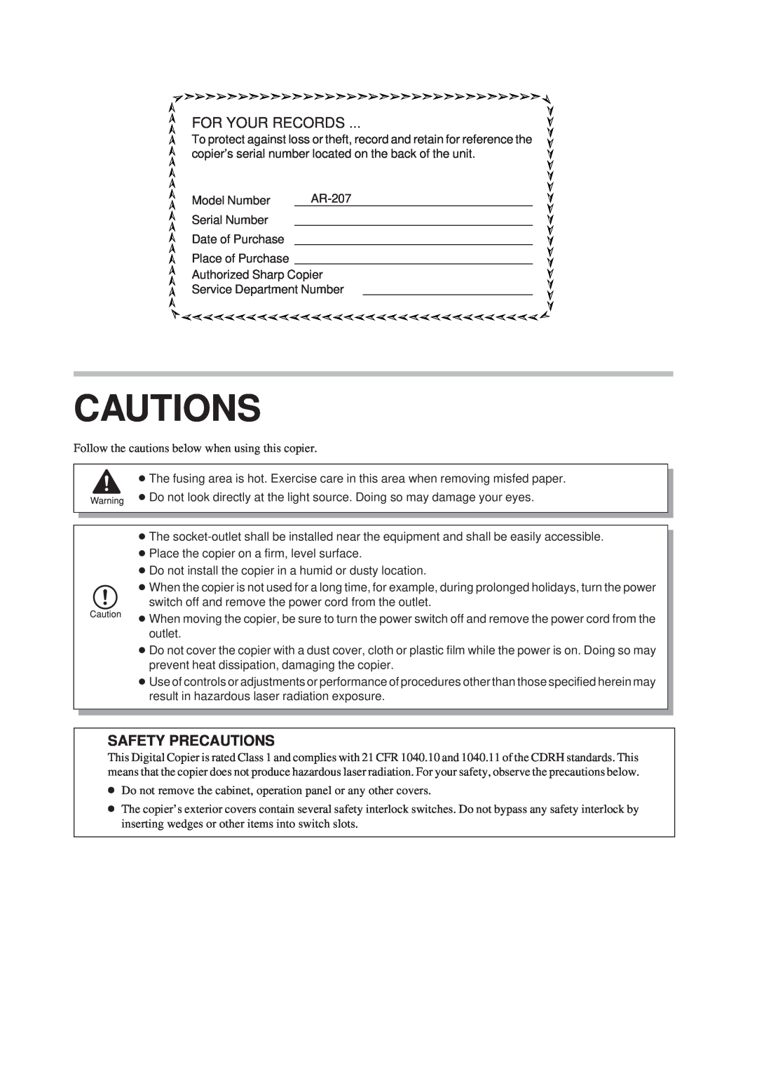 Sharp AR-207 operation manual Cautions, For Your Records, Safety Precautions 