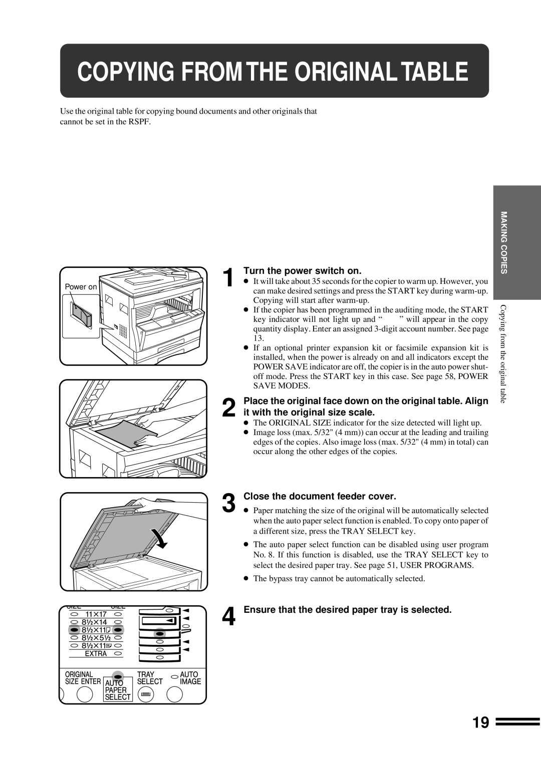 Sharp AR-207 operation manual Copying From The Original Table, Close the document feeder cover, Turn the power switch on 