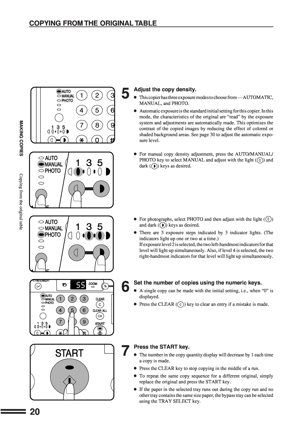 Sharp AR-207 Copying From The Original Table, Adjust the copy density, Set the number of copies using the numeric keys 