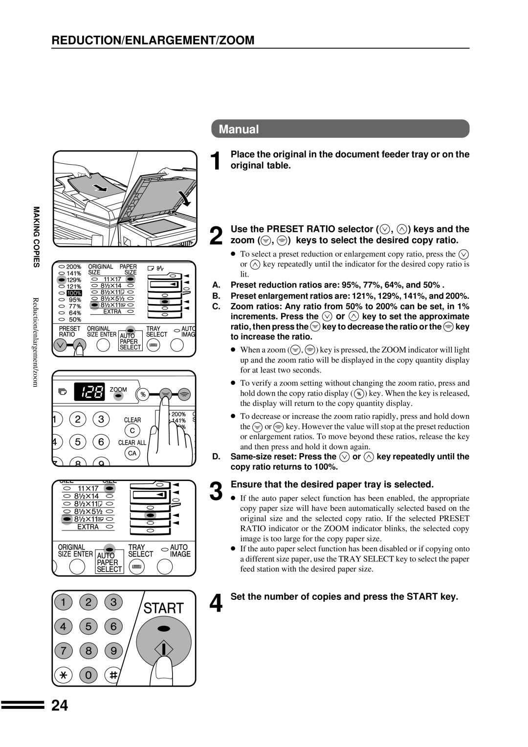 Sharp AR-207 operation manual Reduction/Enlargement/Zoom, Manual, Place the original in the document feeder tray or on the 