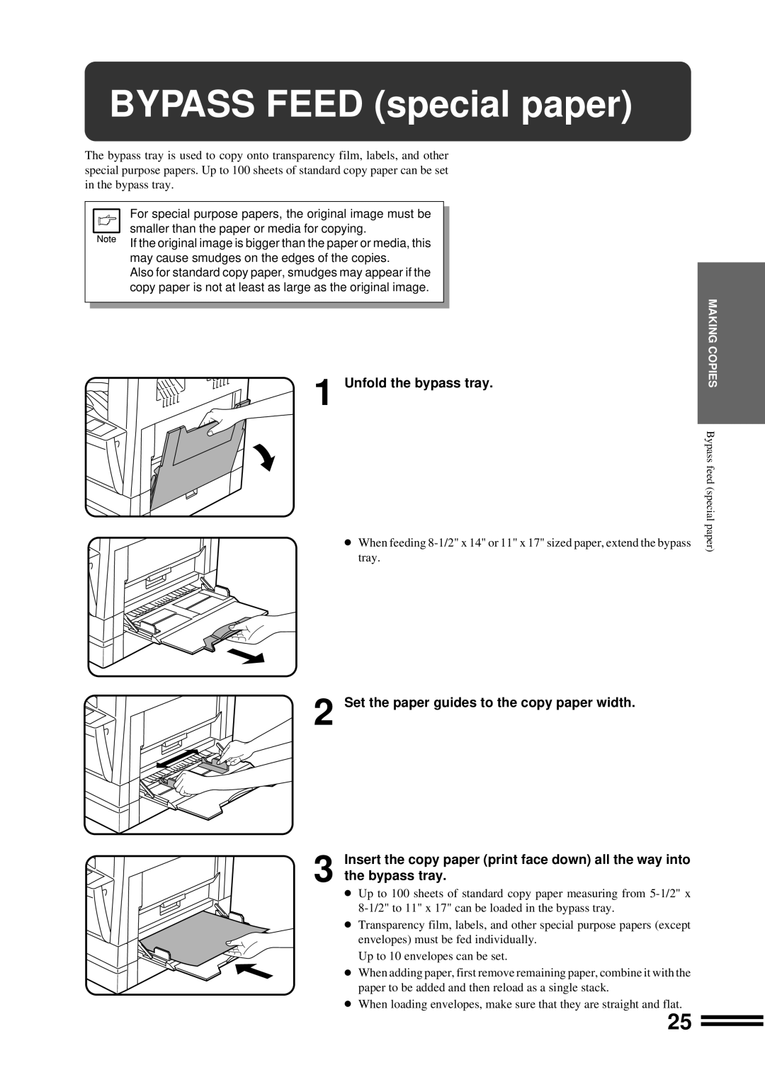 Sharp AR-207 BYPASS FEED special paper, Unfold the bypass tray, Set the paper guides to the copy paper width 