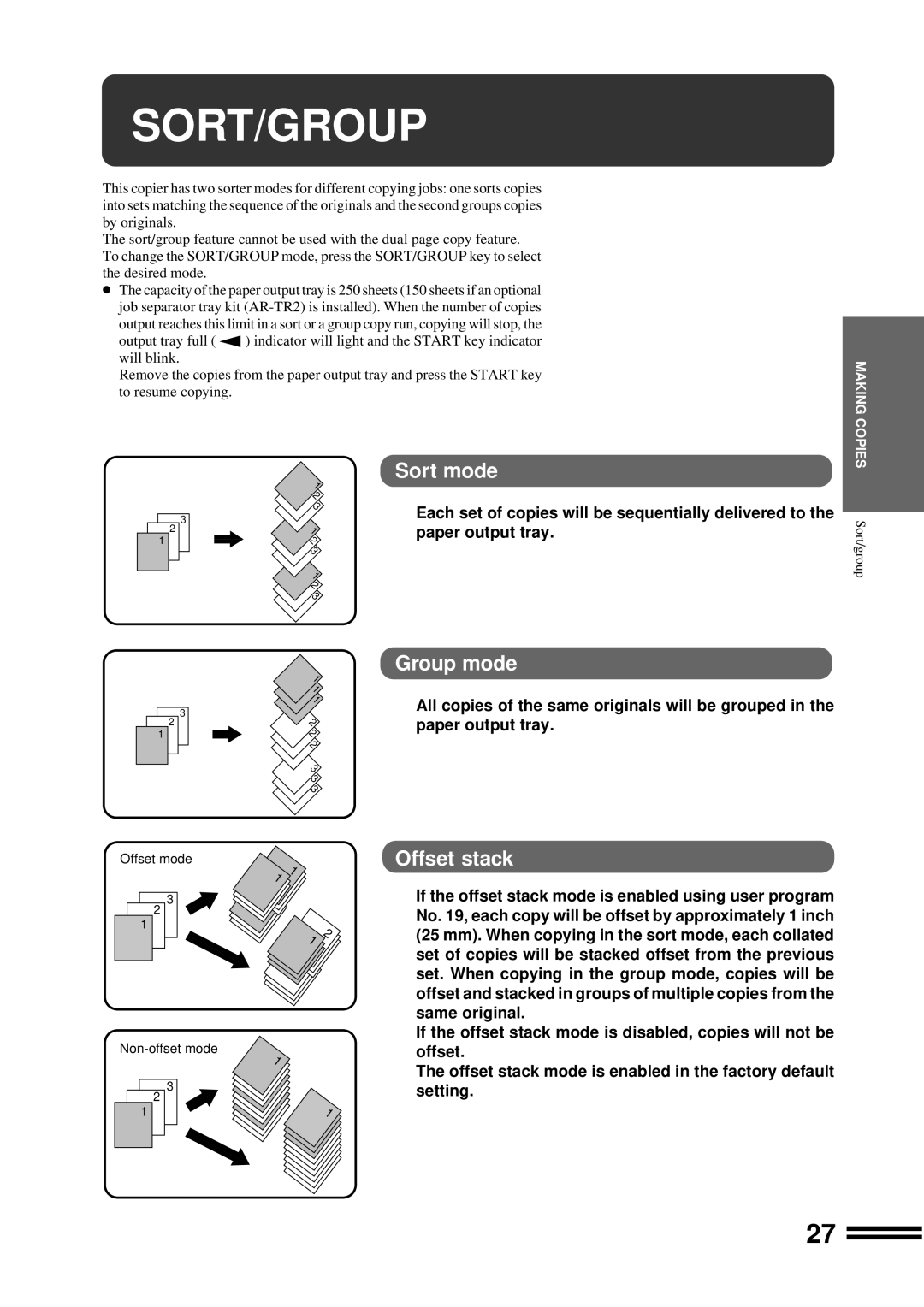 Sharp AR-207 operation manual Sort/Group, Sort mode, Group mode, Offset stack 