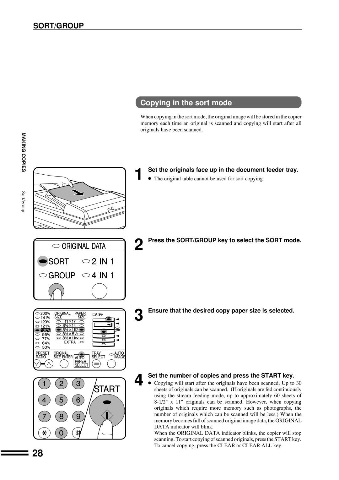 Sharp AR-207 operation manual Sort/Group, Copying in the sort mode, Press the SORT/GROUP key to select the SORT mode 