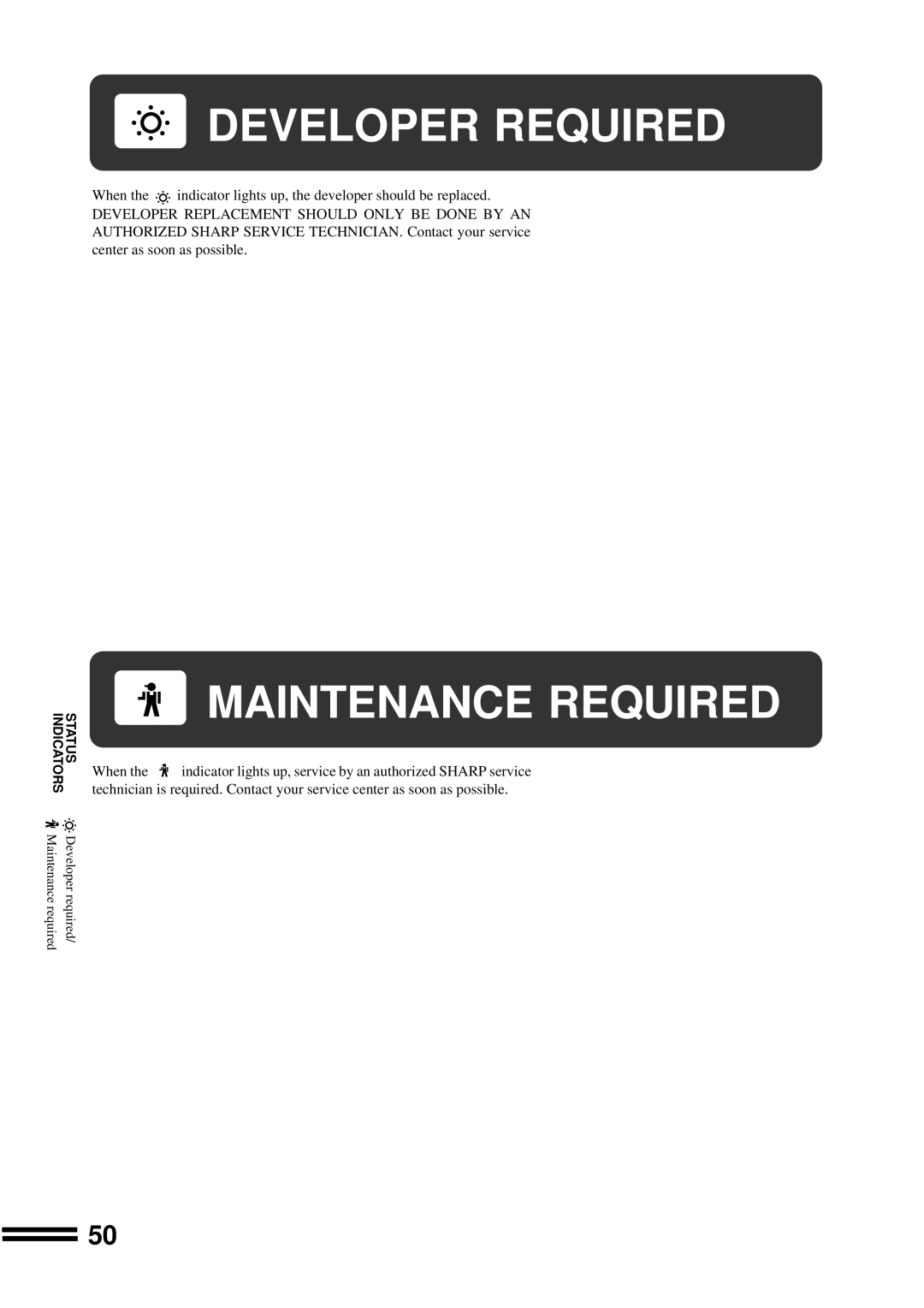 Sharp AR-207 Developer Required, Maintenance Required, Indicators, Status, Maintenance required, Developer required 
