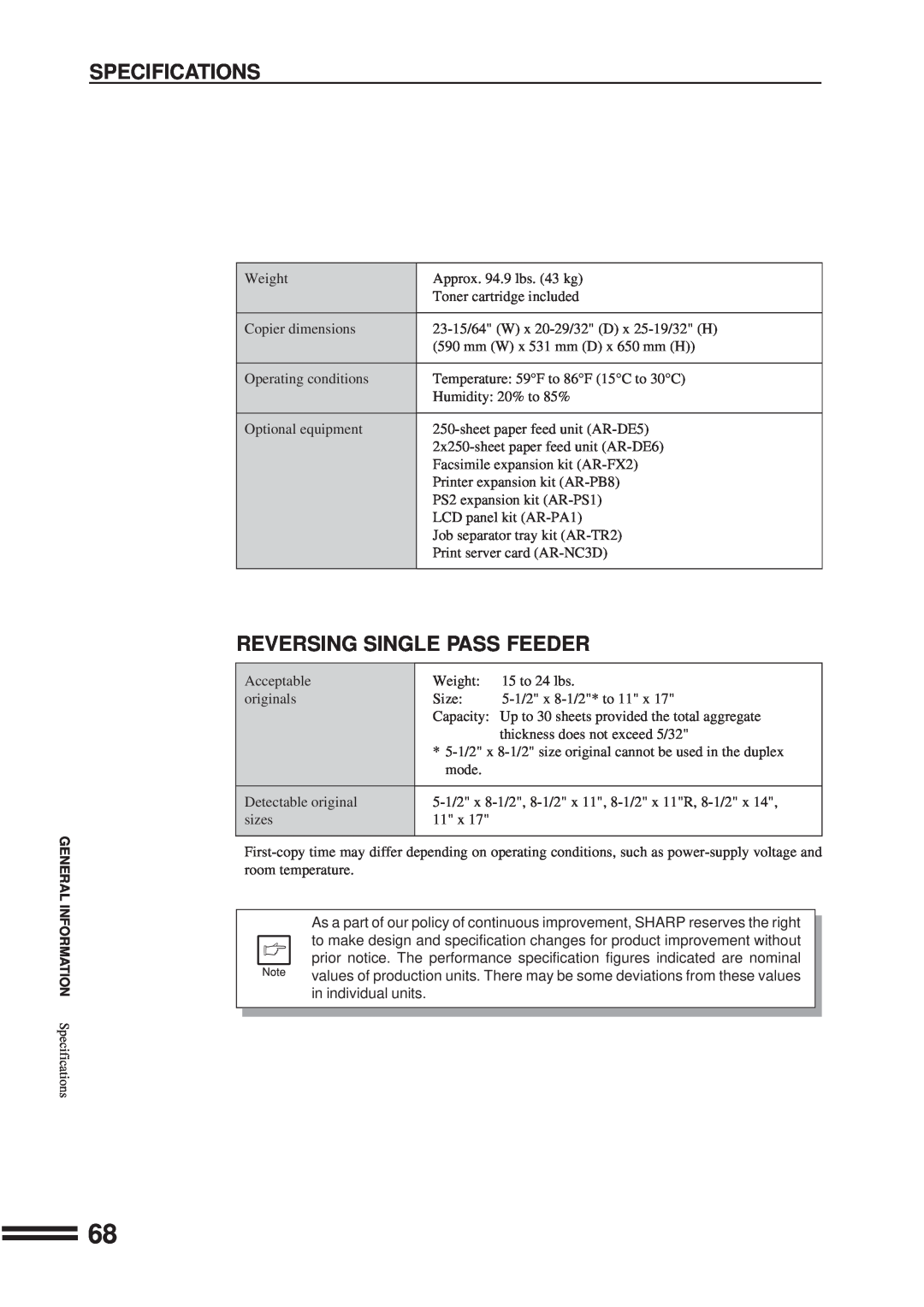 Sharp AR-207 operation manual Reversing Single Pass Feeder, GENERAL INFORMATION Specifications 