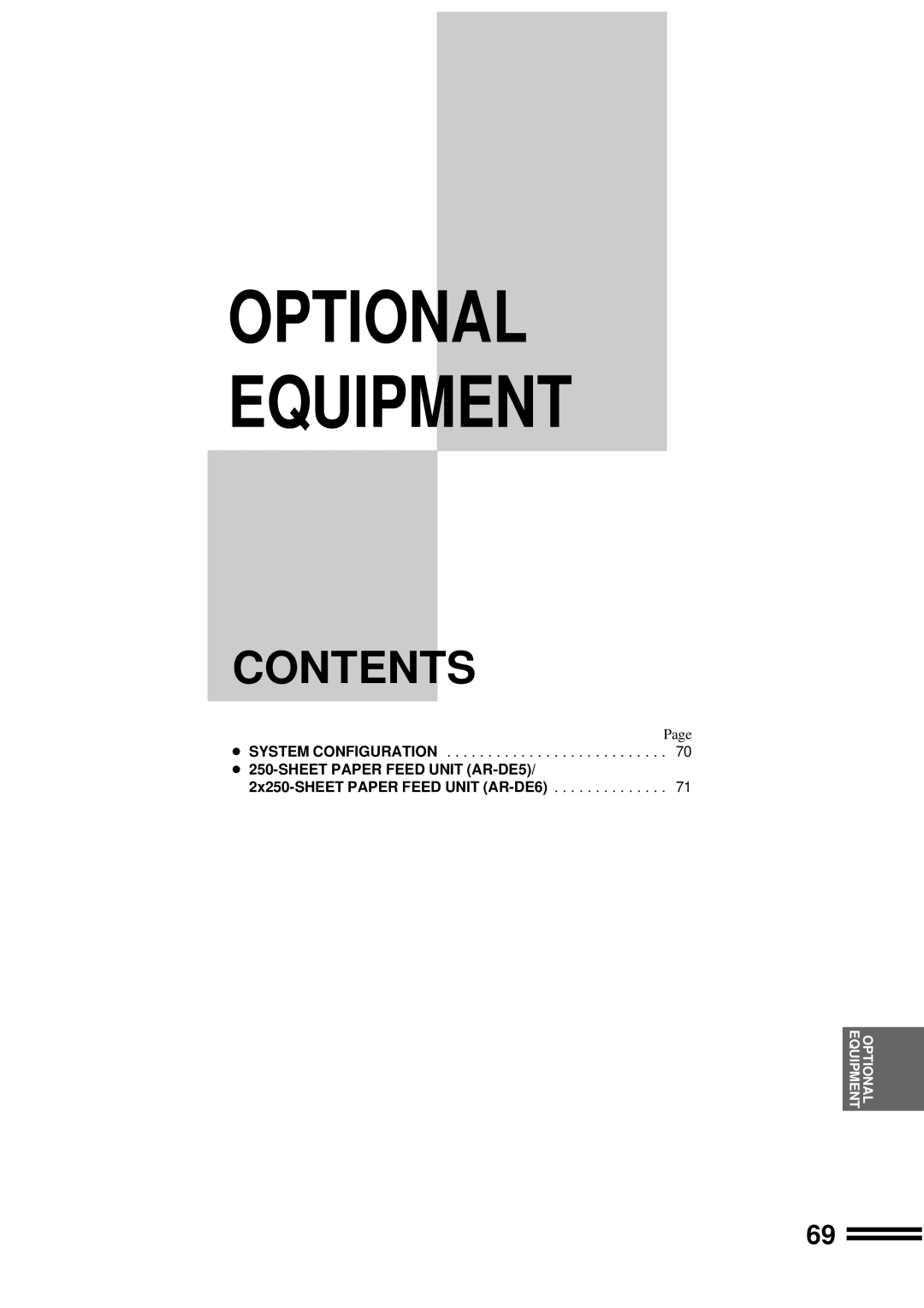 Sharp AR-207 operation manual Contents, Optional Equipment, SHEET PAPER FEED UNIT AR-DE5 2x250-SHEET PAPER FEED UNIT AR-DE6 