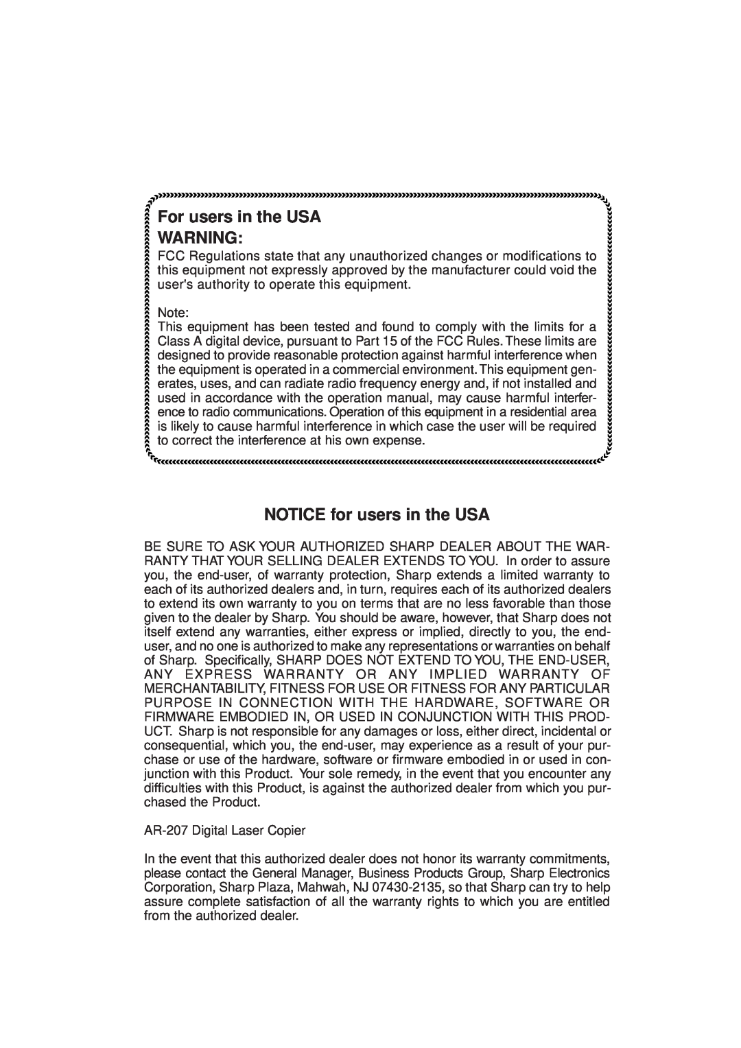 Sharp AR-207 operation manual For users in the USA, NOTICE for users in the USA 