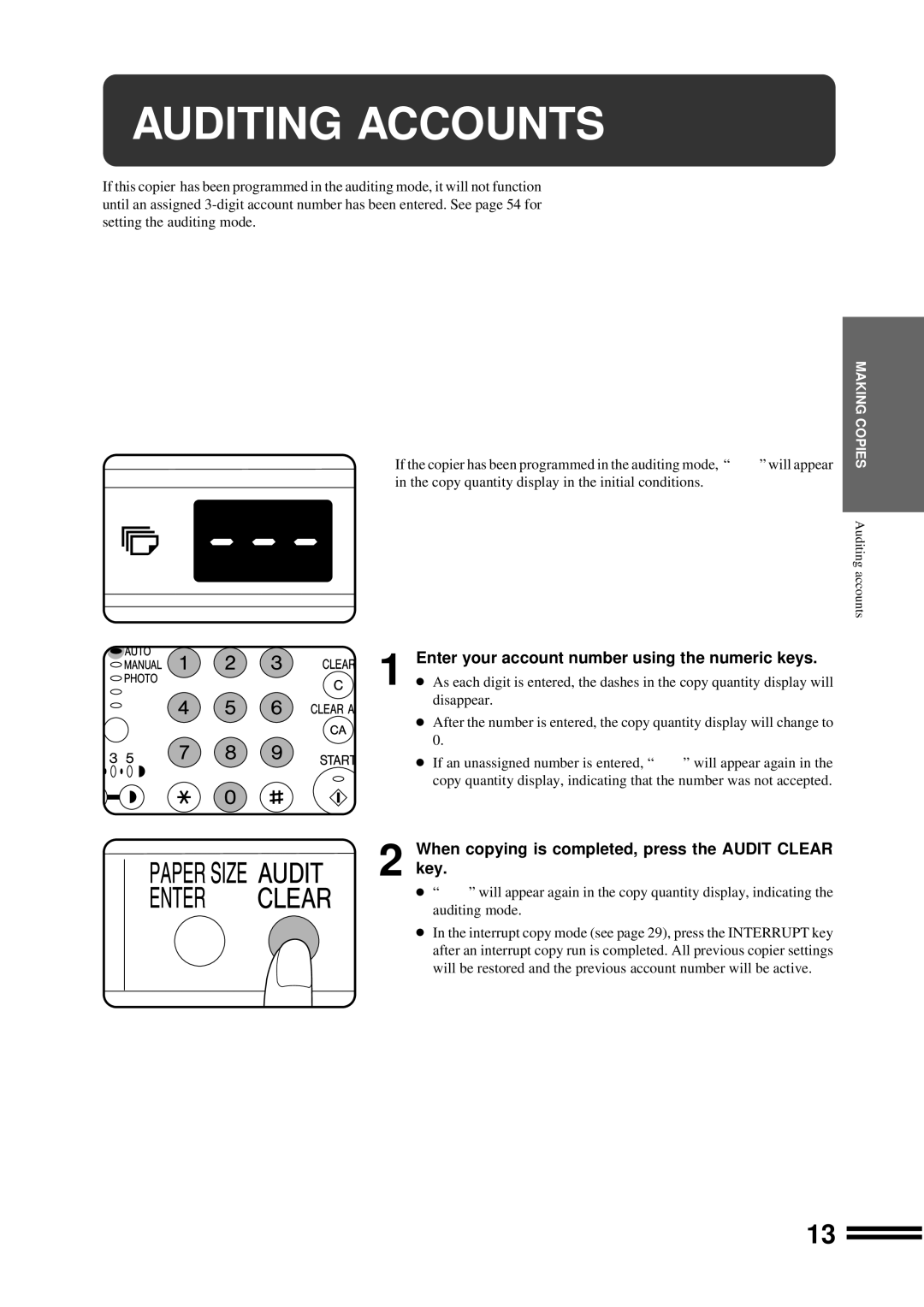 Sharp AR-207 operation manual Auditing Accounts, When copying is completed, press the Audit Clear Key 