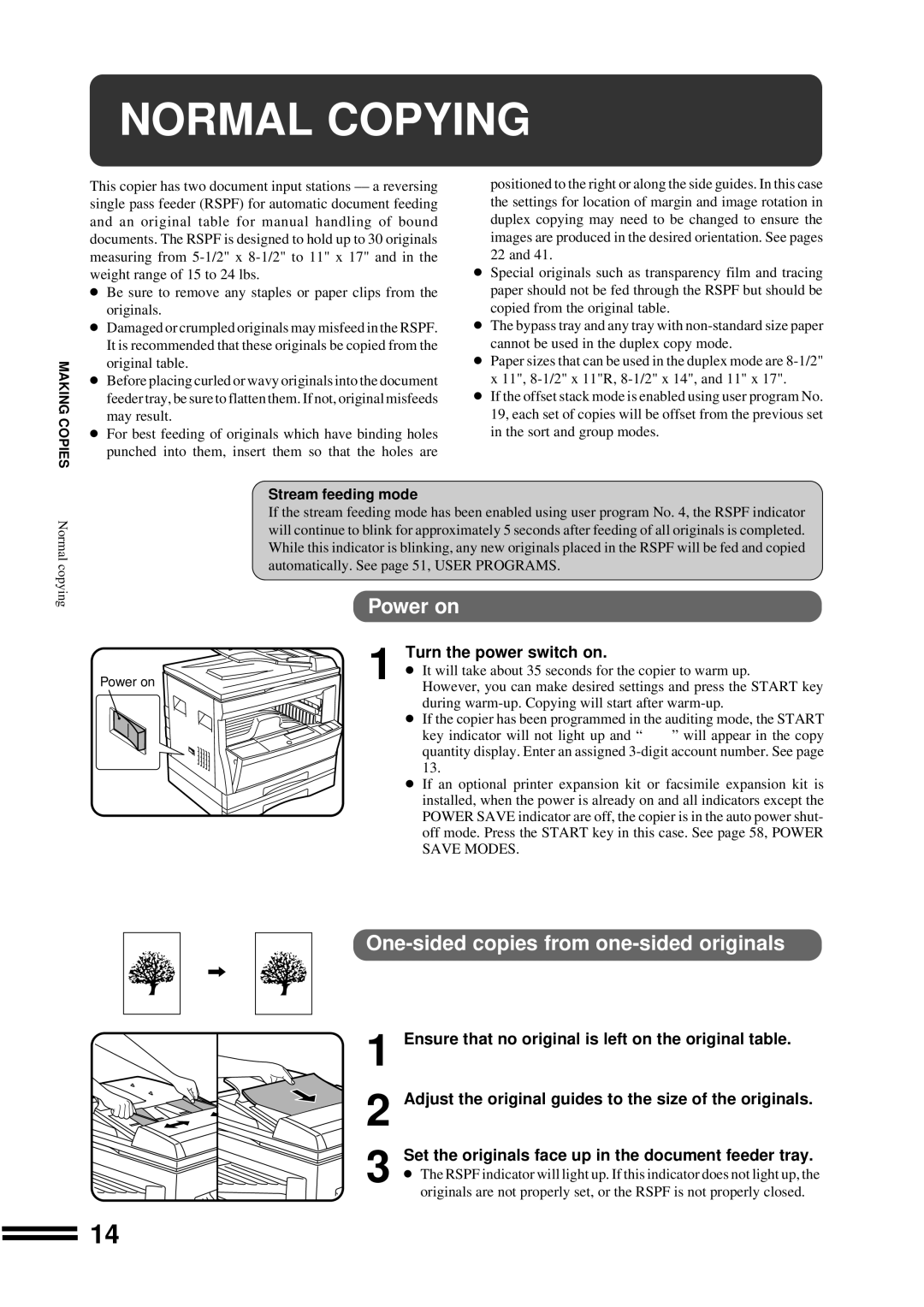 Sharp AR-207 operation manual Normal Copying, Power on, One-sided copies from one-sided originals, Turn the power switch on 