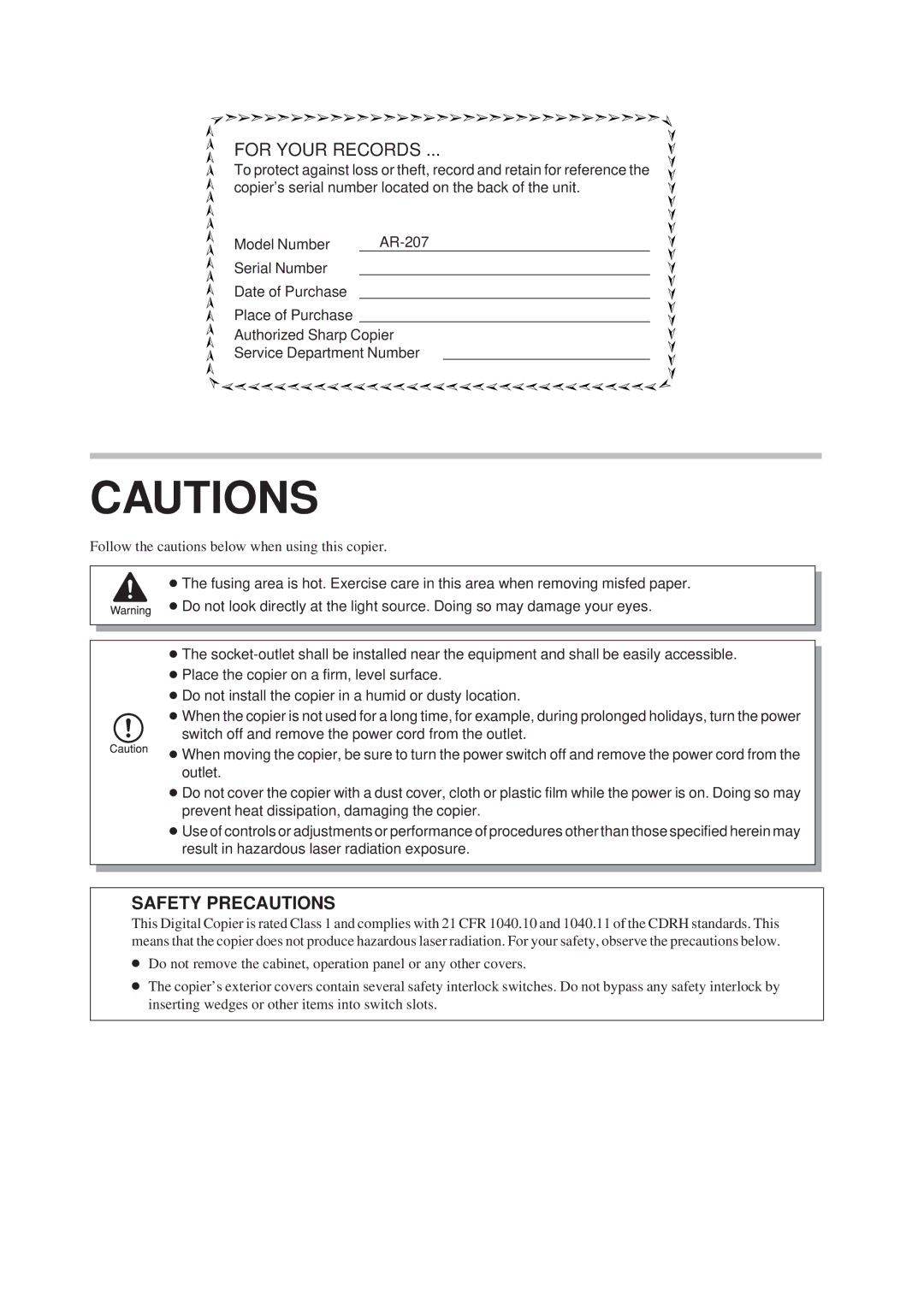 Sharp AR-207 operation manual Safety Precautions 