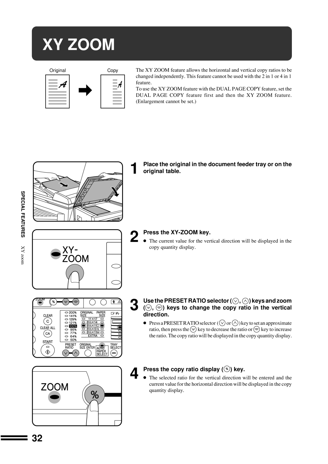 Sharp AR-207 operation manual XY Zoom, Press the copy ratio display key 