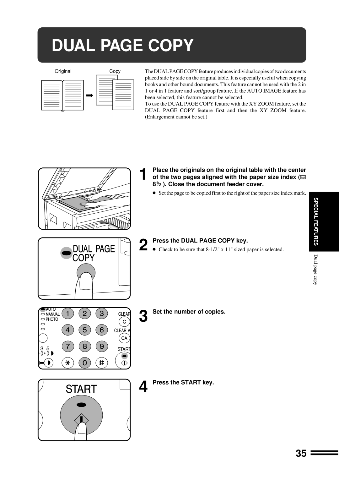 Sharp AR-207 operation manual Press the Dual page Copy key, Place the originals on the original table with the center 