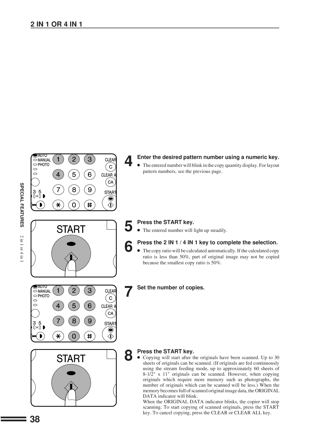 Sharp AR-207 Enter the desired pattern number using a numeric key, Press the 2 in 1 / 4 in 1 key to complete the selection 