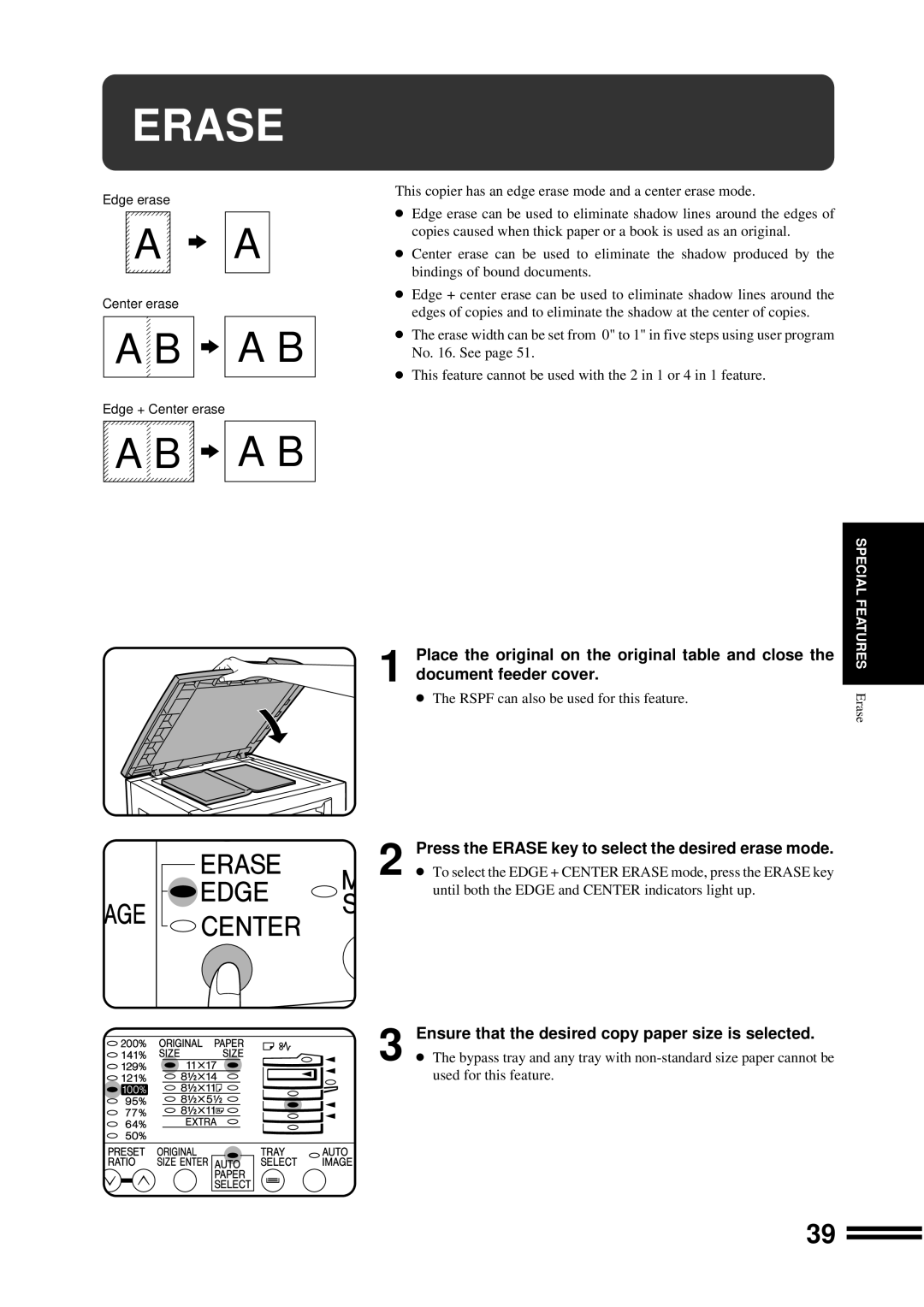 Sharp AR-207 Press the Erase key to select the desired erase mode, Ensure that the desired copy paper size is selected 