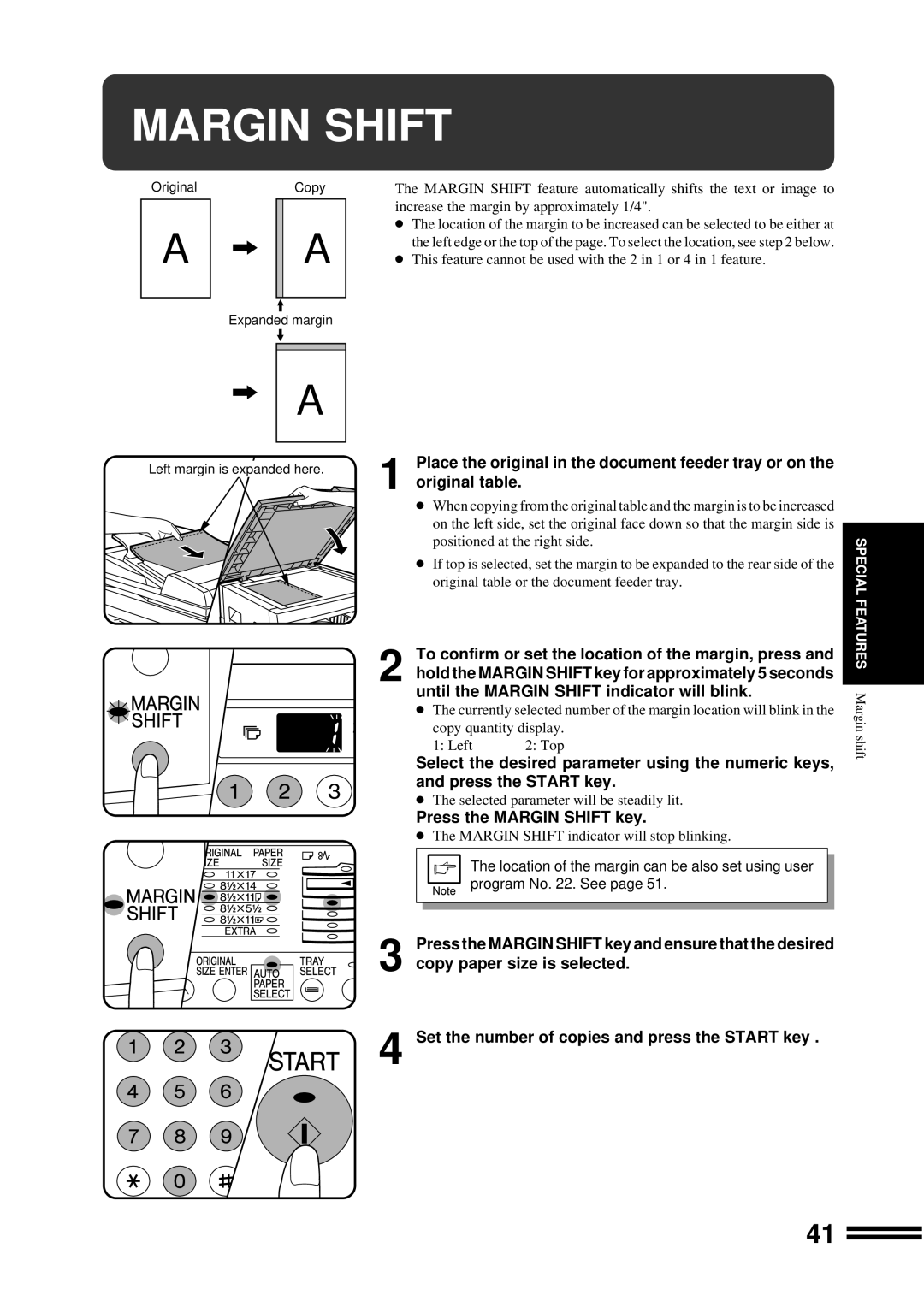 Sharp AR-207 operation manual Place the original in the document feeder tray or on, Press the Margin Shift key 