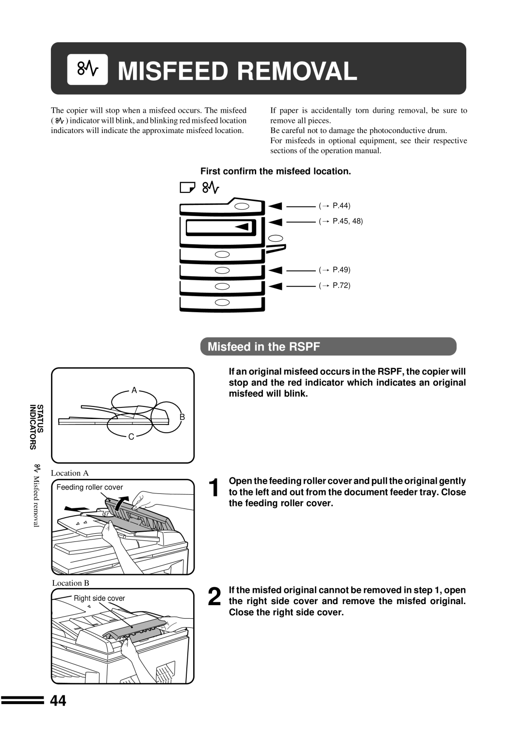 Sharp AR-207 operation manual Misfeed in the Rspf, First confirm the misfeed location 